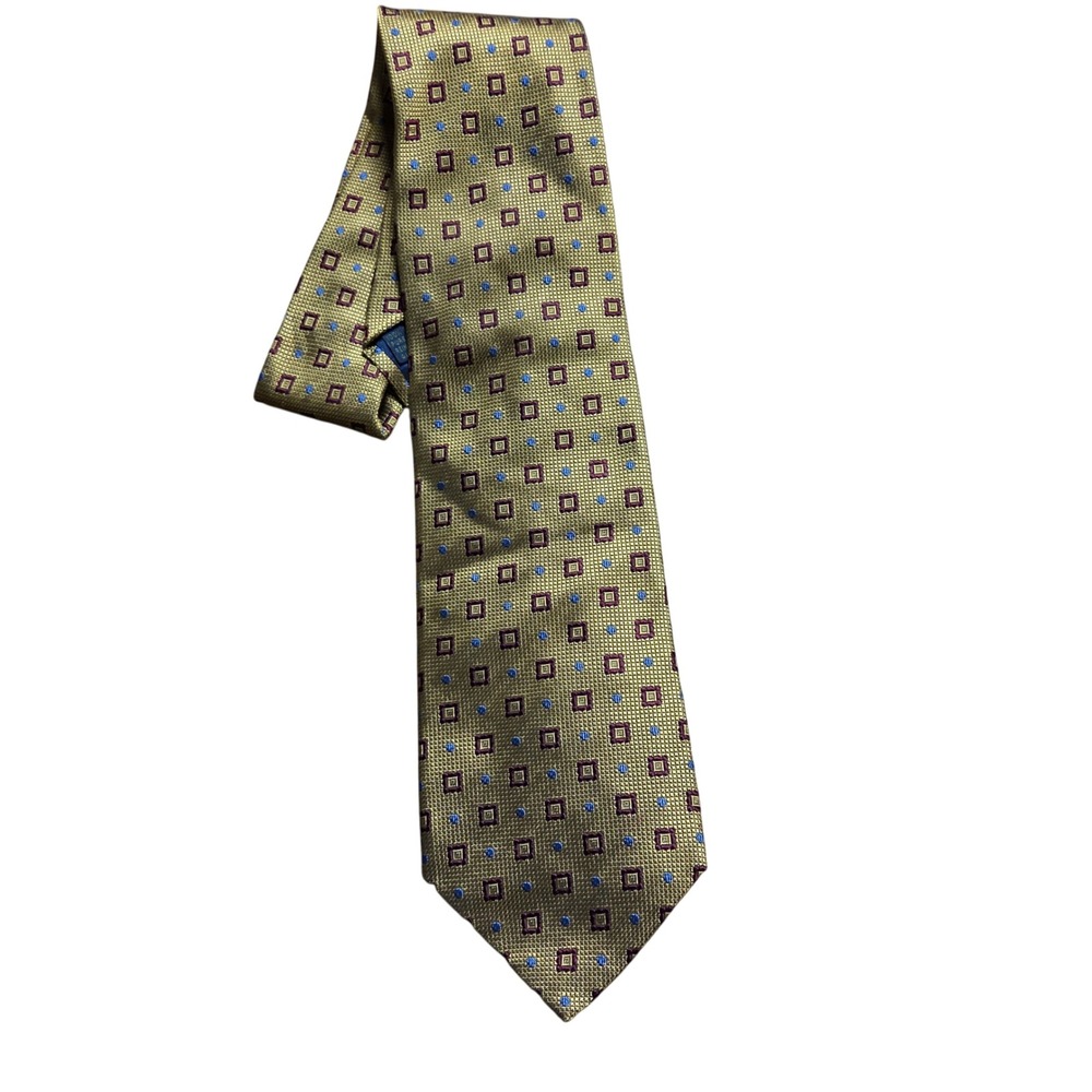 Luciano Barbera Mens Silk Gold Geometric Square Dot Tie Neck Tie Made in Italy